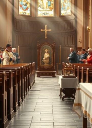 Sanktuarium katolickie z relikwią św. Januarego w czasie liturgii, oddanie wiernych i kapłanów w modlitwie w tradycyjnym nastroju