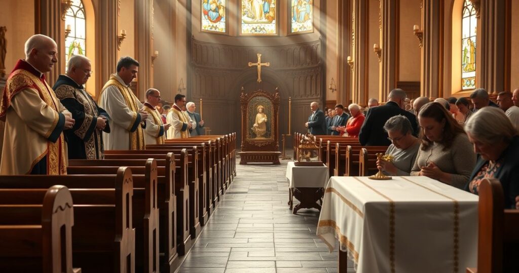 Sanktuarium katolickie z relikwią św. Januarego w czasie liturgii, oddanie wiernych i kapłanów w modlitwie w tradycyjnym nastroju