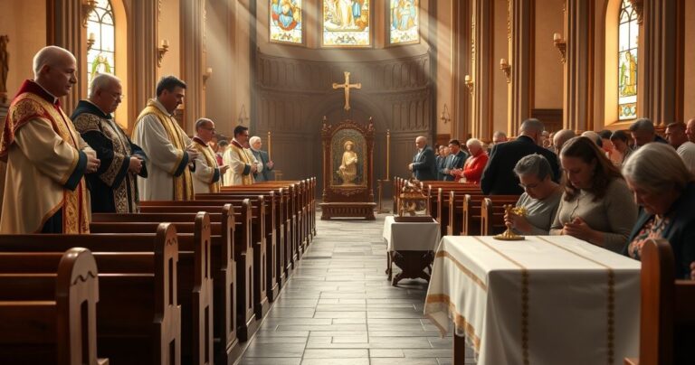 Sanktuarium katolickie z relikwią św. Januarego w czasie liturgii, oddanie wiernych i kapłanów w modlitwie w tradycyjnym nastroju