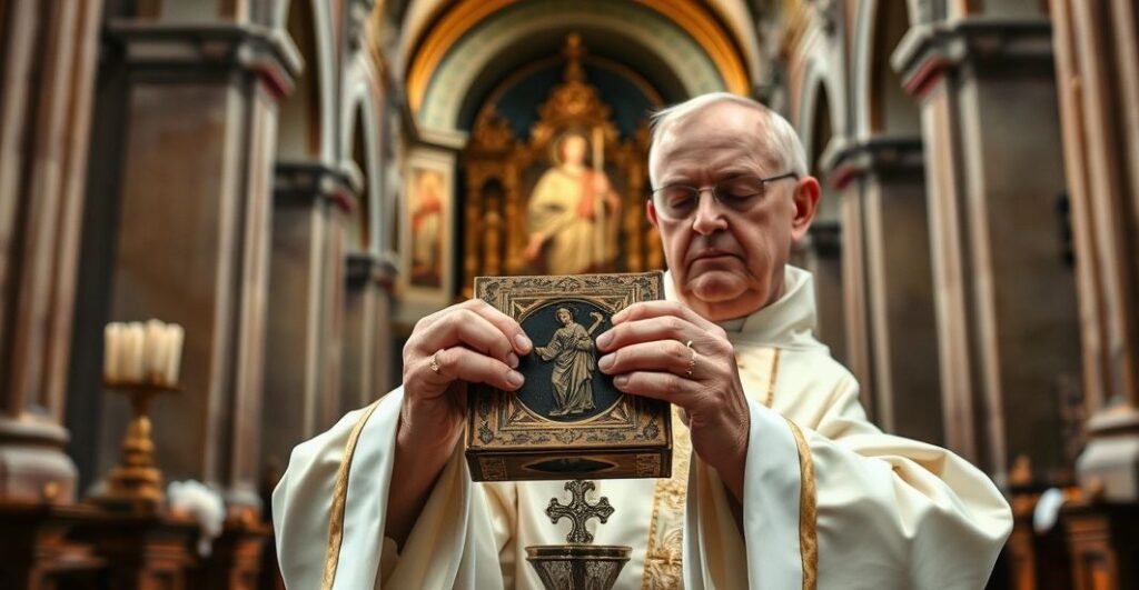 Duchown katolicki trzymający relikwię krwi św. Januarego w katedrze, ukazujący powagę i tradycję katolicką