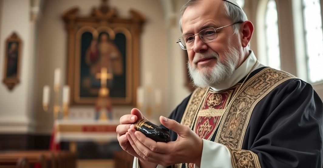 Rekreacja relikwii świętego Januarego w tradycyjnym katolickim kościele, symbolizująca autentyczną wiarę i odrzucenie modernistycznego synkretyzmu