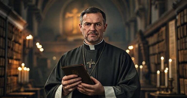 Ksiądz w tradycyjnym ornaty trzyma relikwię w ciemnej kościele, otoczony starodawnymi archiwami.