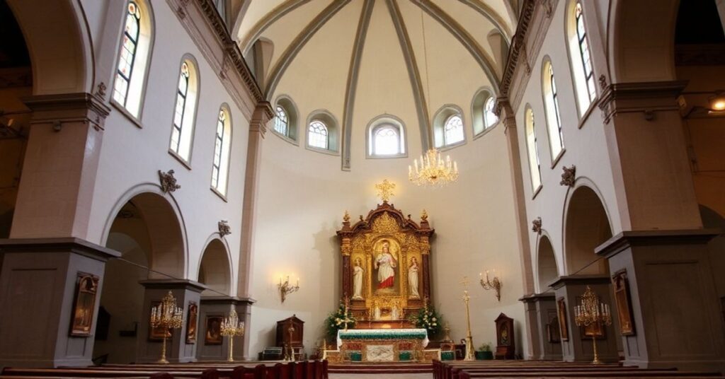 Ciemny kościół Domus Mariae w Rzymie z wystawionymi relikwiami bł. Pier Giorgio Frassatiego i „kardynałem” Pietro Parolin na ambonie.