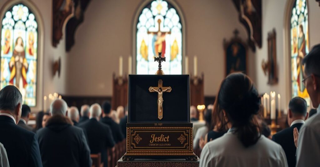 Wnęka relikwiarzowa w tradycyjnym wnętrzu kościoła katolickiego z wierzącymi modlącymi się przy relikwiach związanych z Męką Pańską.