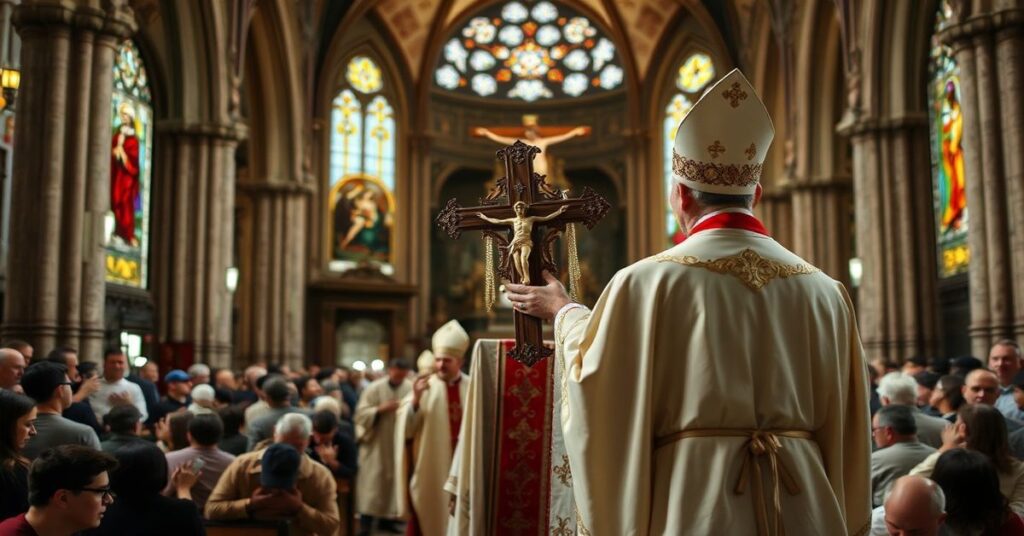 Pielgrzymka z relikwią Krzyża Świętego w katedrze lubelskiej przy świetle świec i modlitwy
