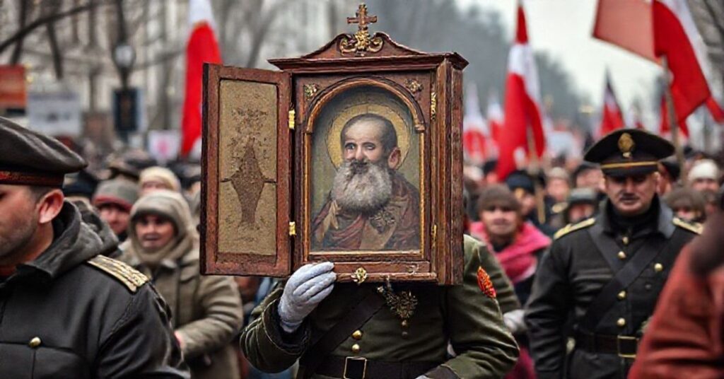 Procesja z relikwiami św. Andrzeja Boboli podczas Marszu Niepodległości w Warszawie