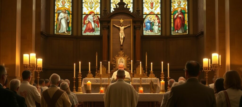 Relikwie św. Carlo Acutisa w tradycyjnym kościele katolickim z akcentem na Eucharystię i prawdziwą Ofiarę Mszy Świętej.