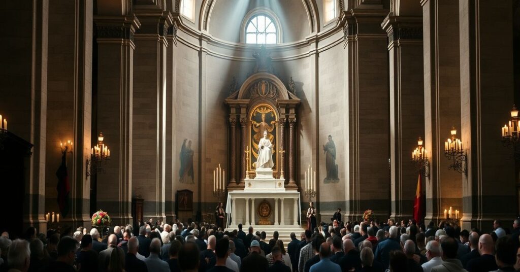 Wnętrze tradycyjnego kościoła katolickiego w Asyżu z wystawionymi relikwiami św. Franciszka i modlącymi się pielgrzymami.