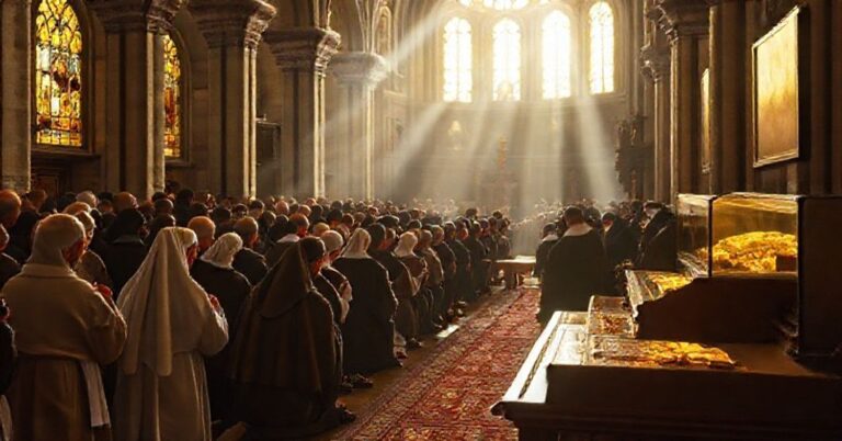 Tradycyjna katolicka scena przedstawiająca uroczystą ekspozycję relikwii św. Franciszka w Asyżu w 2026 roku. Wielki kościół z filtrowanym złotym światłem przechodzącym przez witraże oświetlający święte relikwie wyeksponowane w godnym relikwiarzu. Grupa pobożnych katolików w tym mnichów w tradycyjnych habitach klęczy w cichej modlitwie i adoracji.