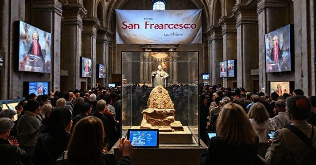 Wizerunek relikwii św. Franciszka w Asyżu podczas modernistycznej wystawy, ukazujący sprzeczność między tradycyjnym kultem katolickim a współczesną komercjalizacją.