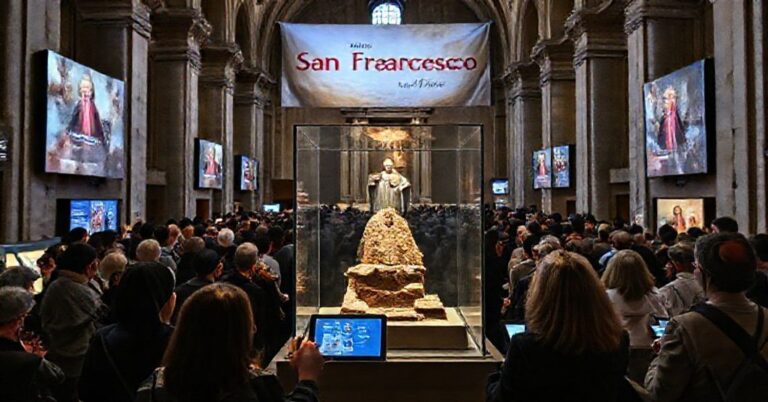 Wizerunek relikwii św. Franciszka w Asyżu podczas modernistycznej wystawy, ukazujący sprzeczność między tradycyjnym kultem katolickim a współczesną komercjalizacją.