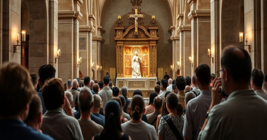 Uroczysta scena katolicka w dolnym kościele bazyliki w Asyżu przedstawiająca relikwie świętego Franciszka wystawione w tradycyjnym relikwiarzu. Wnętrze wypełnione jest nabożnymi pielgrzymami, w tym młodzieżą i niewierzącymi, zebranymi w czciwym modlitwie. Oświetlenie jest delikatne i naturalne, podkreślające świętą atmosferę. Obrazy odzwierciedlają napięcie między tradycyjną katolicką pobożnością a nowoczesnym ekumenicznym synkretyzmem.