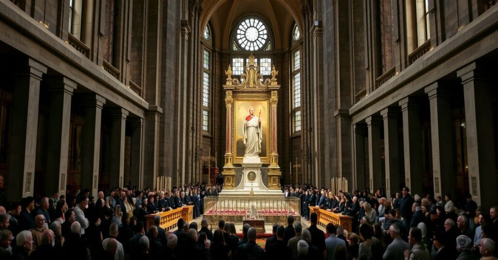 Soborowe relikwie św. Franciszka z Asyżu prezentowane w nowoczesnej bazylice z tłumem wiernych.