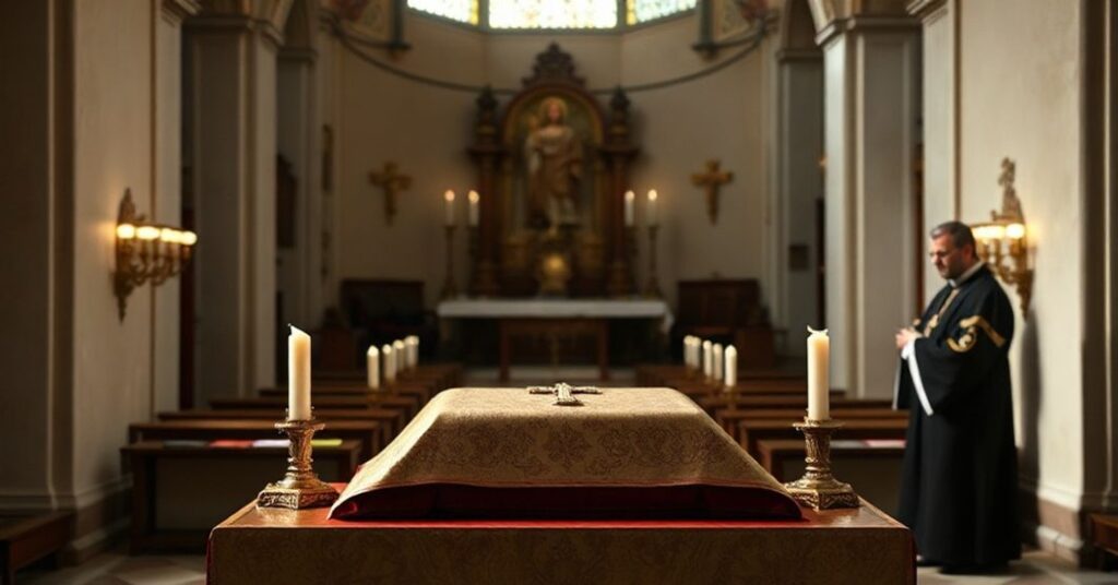 Wnętrze kościoła z relikwiarzem św. Gemmy Galgani na ołtarzu w cichym i szacunękim oświetleniu.