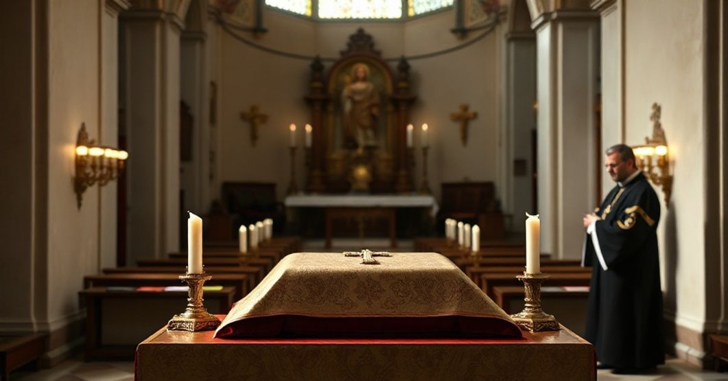 Wnętrze kościoła z relikwiarzem św. Gemmy Galgani na ołtarzu w cichym i szacunękim oświetleniu.
