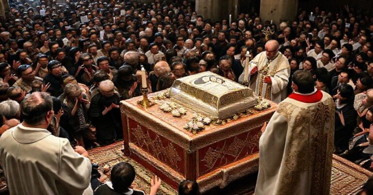 Uroczysta msza z relikwiami "świętej" Teresy z Lisieux w bazylice w Royal Oak. Wielka grupa pielgrzymów modli się w atmosferze religijnej emocji i kontrowersji.