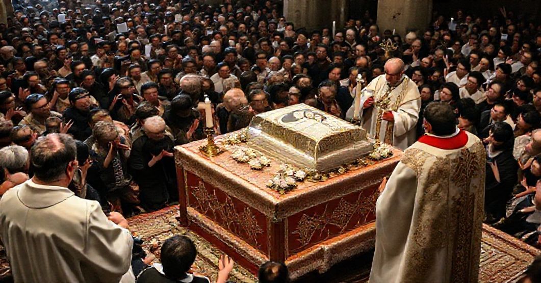 Uroczysta msza z relikwiami "świętej" Teresy z Lisieux w bazylice w Royal Oak. Wielka grupa pielgrzymów modli się w atmosferze religijnej emocji i kontrowersji.