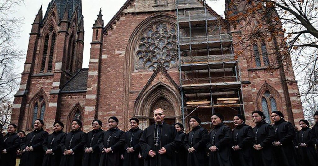 Widok zewnętrzny gotyckiego kościoła Wniebowzięcia Najświętszej Maryi Panny w Bydgoszczy podczas remontu w listopadzie. Scena przedstawia kapucynów i modernistycznych duchownych przed kościołem bez głębokiej pobożności.