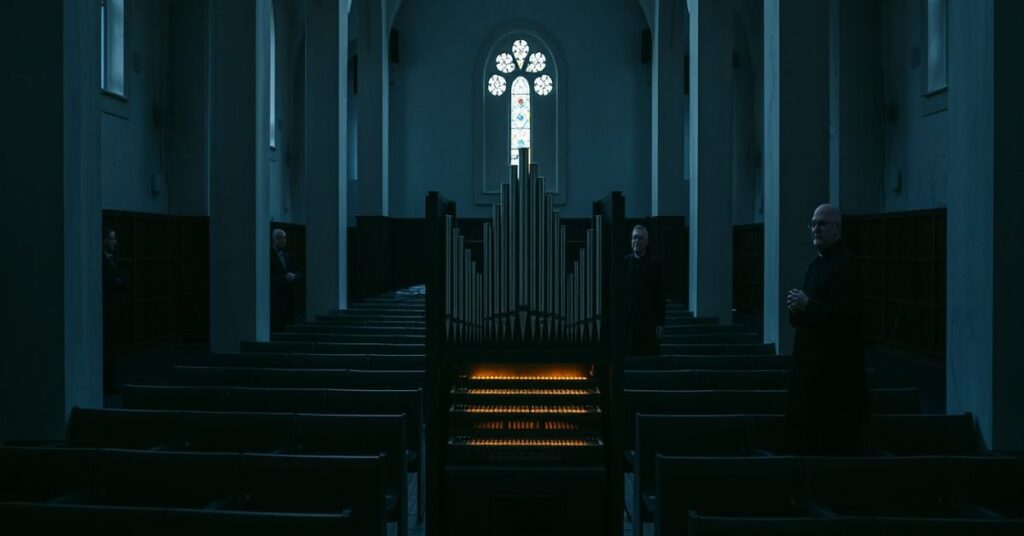 Wnętrze dawnej łódzkiej katedry św. Stanisława Kostki podczas remontu małych organów przez firmę "ORGANMISTRZOSTWO Andrzej Sutowicz".