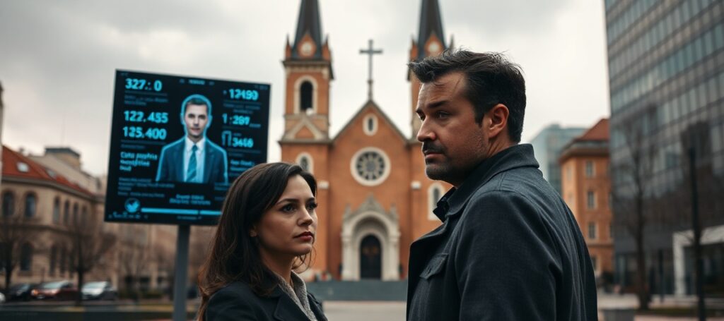 Renata Fryc i Kazimierz Murzyn stoją przed ekranem z danymi medycznymi w nowoczesnym mieście z kościołem katolickim na tle.