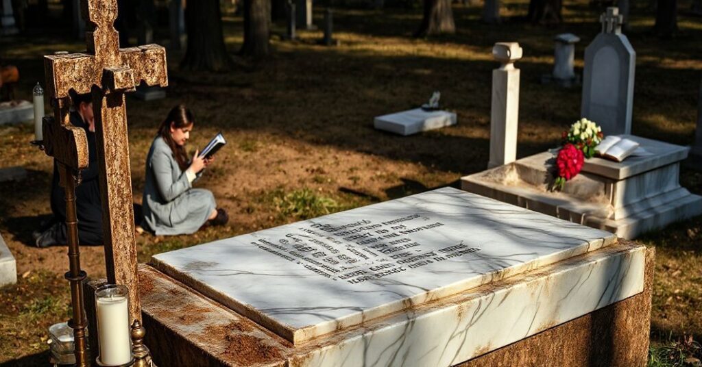 Solemne zdjęcie grobu biskupa Łukasza Soleckiego na starym katolicyckim cmentarzu, z elementami tradycyjnymi, takimi jak krzyż, świece i modlitewnik. Postacie modlące się podkreślają duchowe znaczenie miejsca.
