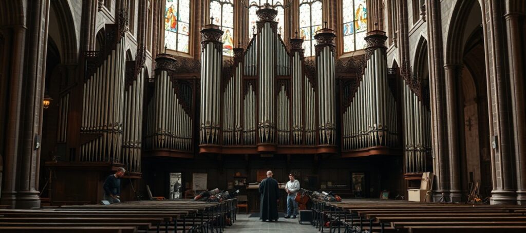 Wnętrze wrocławskiej archikatedry podczas renowacji największych organów w Polsce. Scena przedstawia pracowników starannie montujących i strojąca instrument w delikatnym świetle naturalnym. Na tle widoczny jest tradycyjny katolicki ryt liturgiczny z księdzem w sutannie i surpelu.