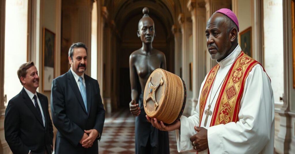 Ksiądz katolicki w tradycyjnych szatach stoi przed afrykańską rzeźbą - bębnem Djidji Ayokwe. Tło to muzeum w Paryżu z urzędnikami śmierciwinymi spojrzeniem.