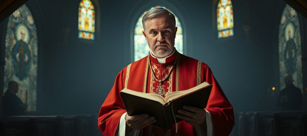 Ksiądz w pełnym stroju liturgicznym stojący w ciemnym wnętrzu kościoła z witrażami. Na tle widoczne są cienie represjonowanych duchownych prawosławnych.