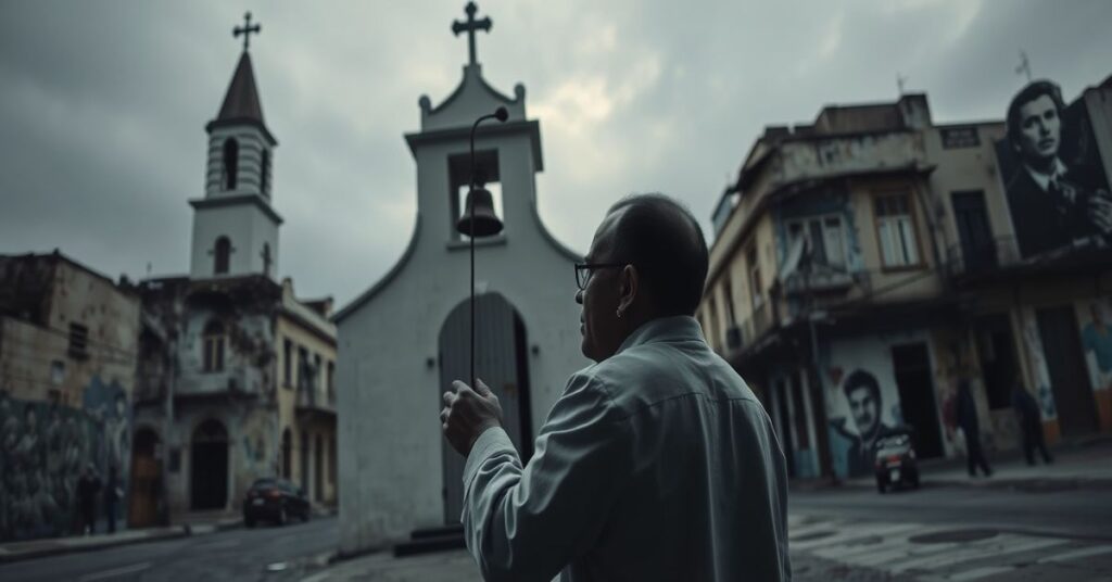 Ksiądz José Ramirez stoi przy drzwiach zamkniętego kościoła w Hawanie w 2025 roku, symbolizując represje religijne na Kubie.