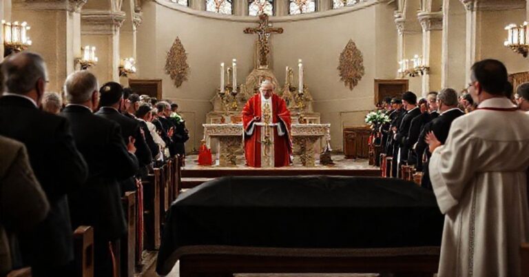 Sobótna msza pogrzebowa w tradycyjnym kościele katolickim z Frankiem Pavone przy ołtarzu, a kardynał Christophe Pierre odrzuca mu prawo do celebrowania. Scena pełna smutku i niesprawiedliwości.