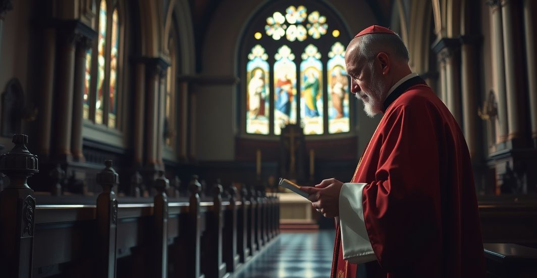 Smutny obraz katolickiego księdza odczytującego ważny dokument w świątyni, symbolizujący moralne oburzenie wobec manipulacji danych i aborcji