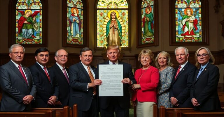 Portret 11 republikańskich gubernatorów w tradycyjnym kościele katolickim, trzymających list do administracji Trumpa o wykluczeniu Planned Parenthood z programu 340B