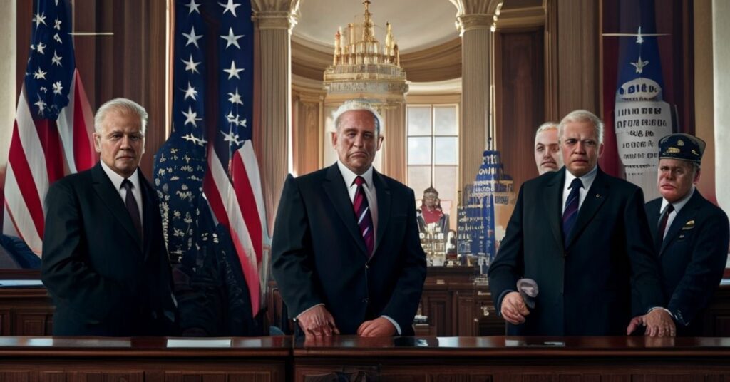 Obraz przedstawia republikańskich przywódców Mike'a Johnsona i Johna Thune w Kongresie podczas debaty o lichwie, z subtelnymi odniesieniami do katolickiego potępienia tej praktyki.