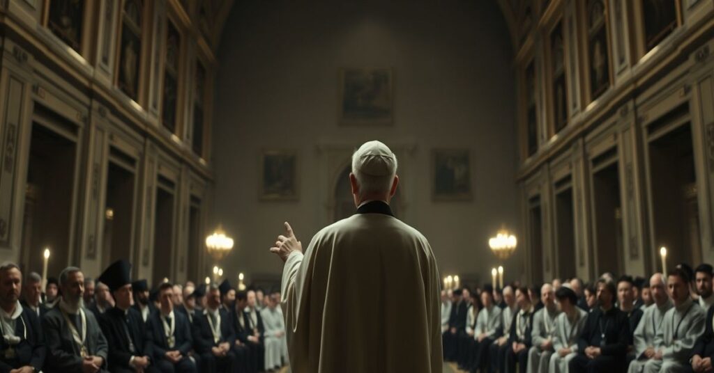 Obraz przedstawiający retret watykański pod przewodnictwem uzurpatora Leona XIV i biskupa Erika Vardena. Scena jest naturalistyczna, z brakiem sakramentalnych symboli katolickich.