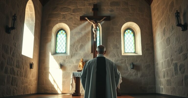 Pobożny kapłan modlący się przed krucyfiksem w skromnym kościele, pełen skupienia i pokory
