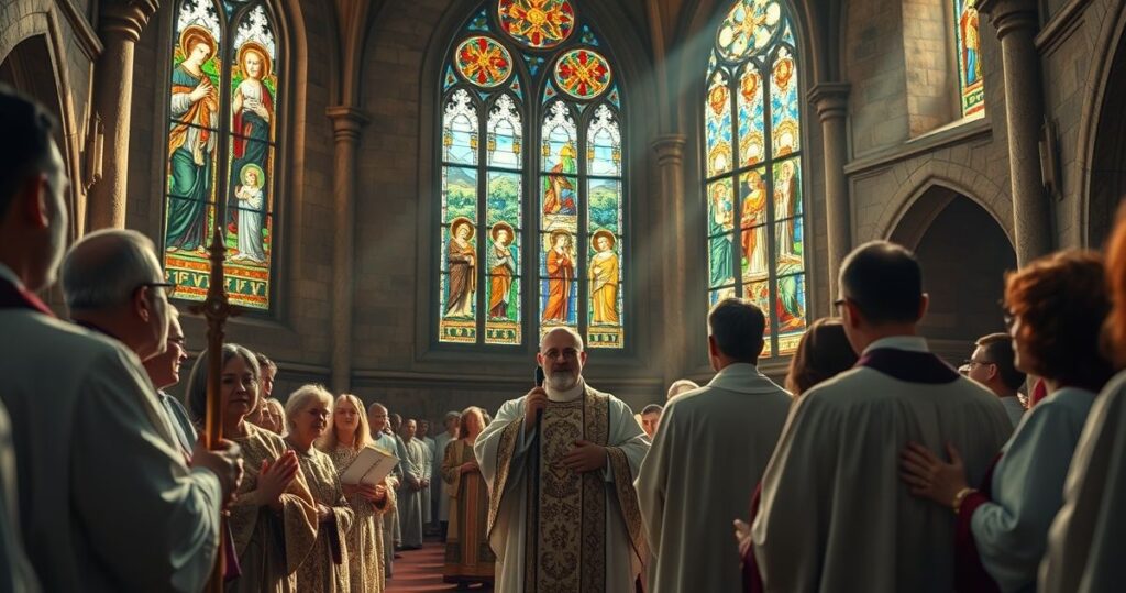 Rewersyjna scena modlitwy katolickiej w kościele, kapłani w tradycyjnych szatach, w świetle świątecznego okna, skupieni na modlitwie i wierze.