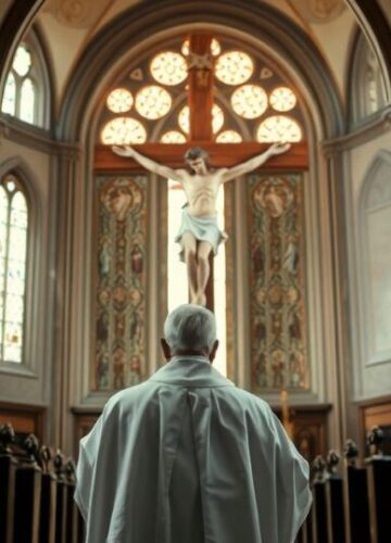 Reverent Catholic Prayer Scene with Crucifix in Church Rewerentny obraz kapłana modlącego się przed krucyfiksem w historycznym kościele, symbol wiary i pokory katolickiej tradycji.