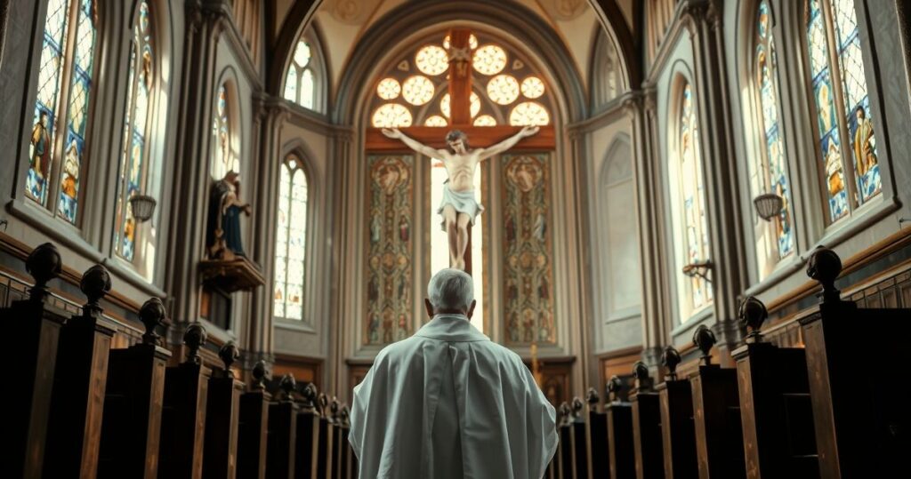 Rewerentny obraz kapłana modlącego się przed krucyfiksem w historycznym kościele, symbol wiary i pokory katolickiej tradycji.