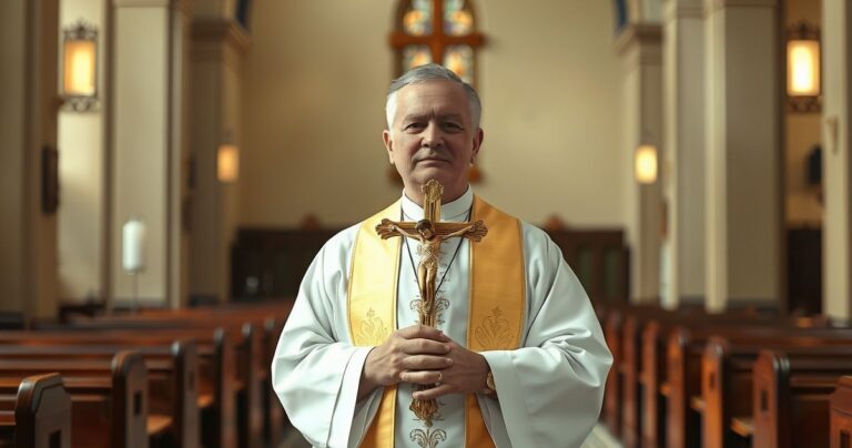 Rełomny katolicki ksiądz w tradycyjnych szatach, trzymający krucyfiks w kościele, w scenerii pełnej duchowej powagi i wiary.