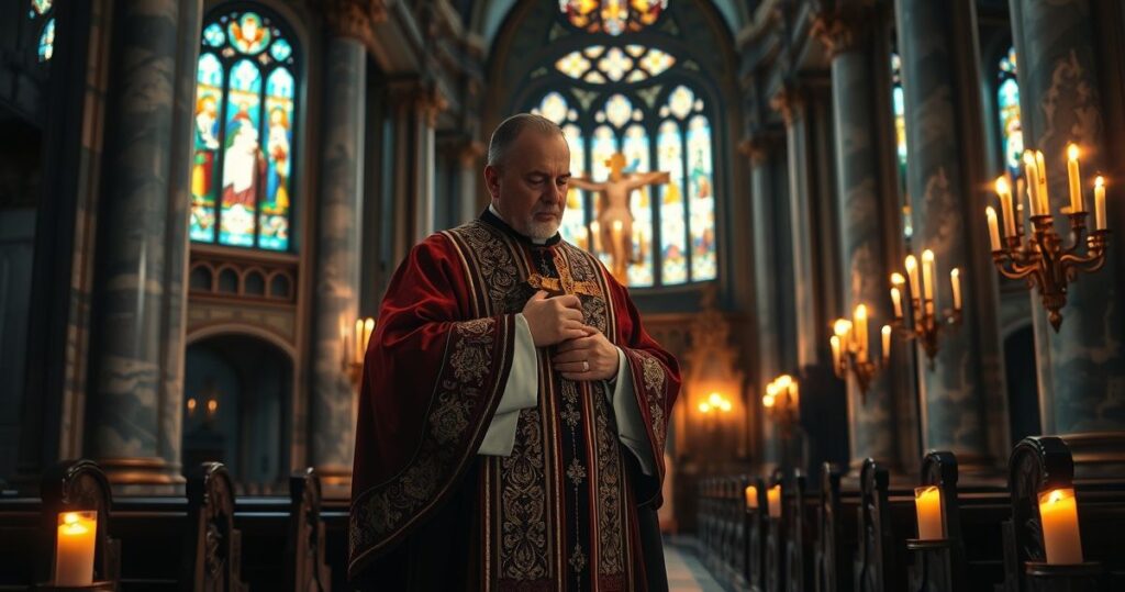 Reverent scene w kościele katolickim z kapłanem trzymającym krucyfiks, delikatne oświetlenie świecami, ukazujące duchową głębię i wiarę.