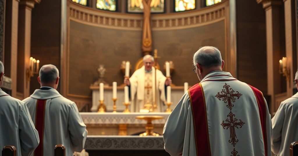 Reverent priest celebrating Mass in a traditional Catholic church, focus na Eucharystię i sacrum, realistyczny i pełen szacunku obraz liturgii