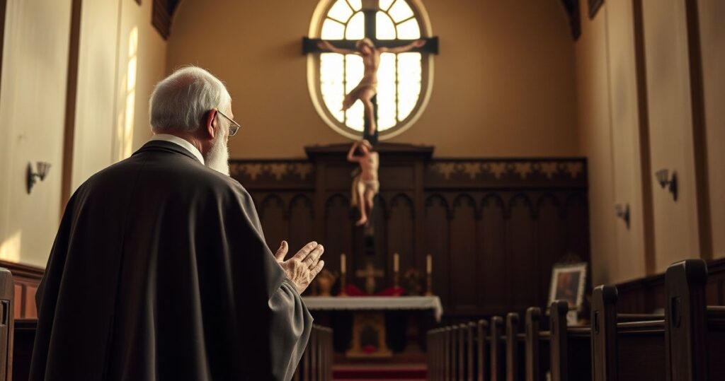 Reverent Catholic priest praying in church interior with crucifix, symbolizing faith and tradition