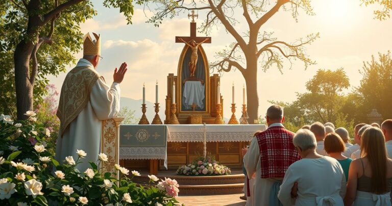 Reverentna scena katolickiego kapłana odprawiającego tradycyjną Mszę na tle sanktuarium, symbolizująca wierność liturgii i wierze, spokojna i duchowa atmosfera, realistyczne odwzorowanie.