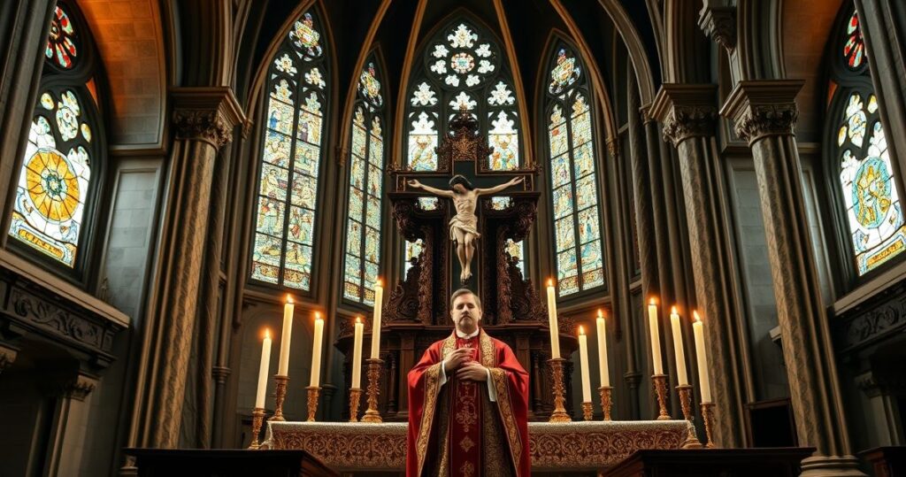 Reverentna scena liturgiczna na Jasnej Górze z krucyfiksem, świecami i kapłanem w vestiach, oddająca duchową atmosferę modlitwy i wiary katolickiej.