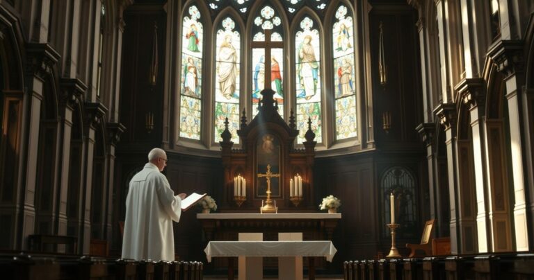Rewerentny obraz katolickiego kapłana podczas homilii przy ołtarzu, z naciskiem na Eucharystię i tradycyjną architekturę kościoła, oddający atmosferę modlitwy i wiary.