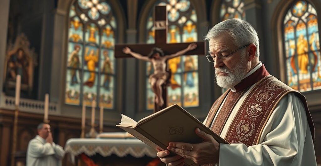 Reverentny obraz katolickiego kapłana w kościele, czytającego krucyfiks podczas poważnej refleksji religijnej