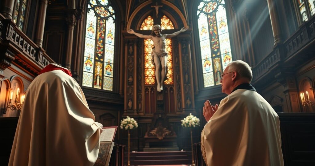 Reverentne zdjęcie katolickiego kapłana modlącego się przed krzyżem w kościele, symbolizujące tradycyjną wierność i duchową powagę.