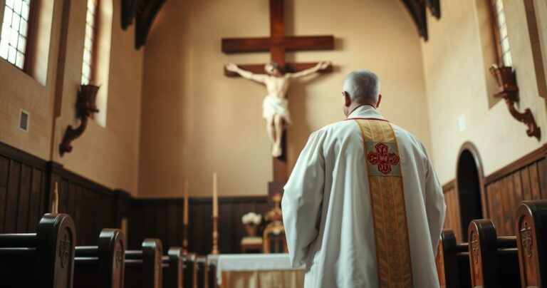 Rewerentny kapłan katolicki w tradycyjnych szatach przed dużym krucyfiksem w skromnym kościele, symbolizujący wiarę i oddanie, z łagodnym naturalnym światłem, oddający powagę i refleksję nad królowaniem Chrystusa.