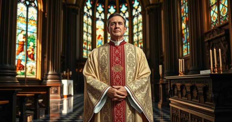 Reverentny katolicki kapłan w świątyni, symbolizujący autentyczną duchowość i moralną powagę Kościoła
