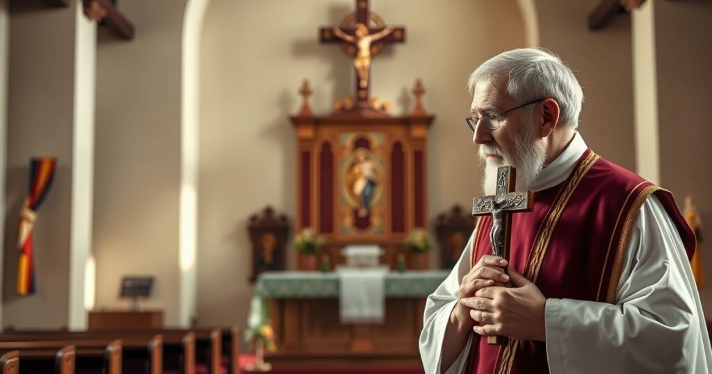 Reverentny obraz starszego kapłana z krucyfiksem przed ołtarzem w prostym kościele, symbolizujący wiarę i pokorę w tradycyjnej katolickiej atmosferze.